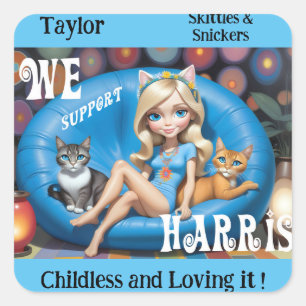 Custom Funny Childless Cat Ladys KAMALA 2024 Quadratischer Aufkleber