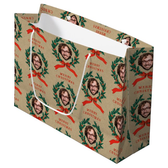 Custom Funny Christmas Wath Face Foto Kraft Große Geschenktüte (Vorderseite Schrägansicht)