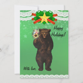 Custom Funny Modern Christmas Bear with flowers  Feiertagskarte
