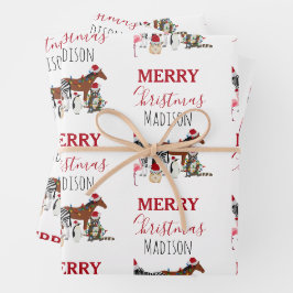 Custom Funny Weihnachtstiere Weihnachtsmannmützen Geschenkpapier Set