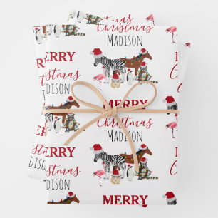 Custom Funny Weihnachtstiere Weihnachtsmannmützen Geschenkpapier Set
