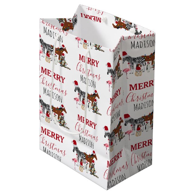 Custom Funny Weihnachtstiere Weihnachtsmannmützen  Mittlere Geschenktüte (Vorderseite Schrägansicht)