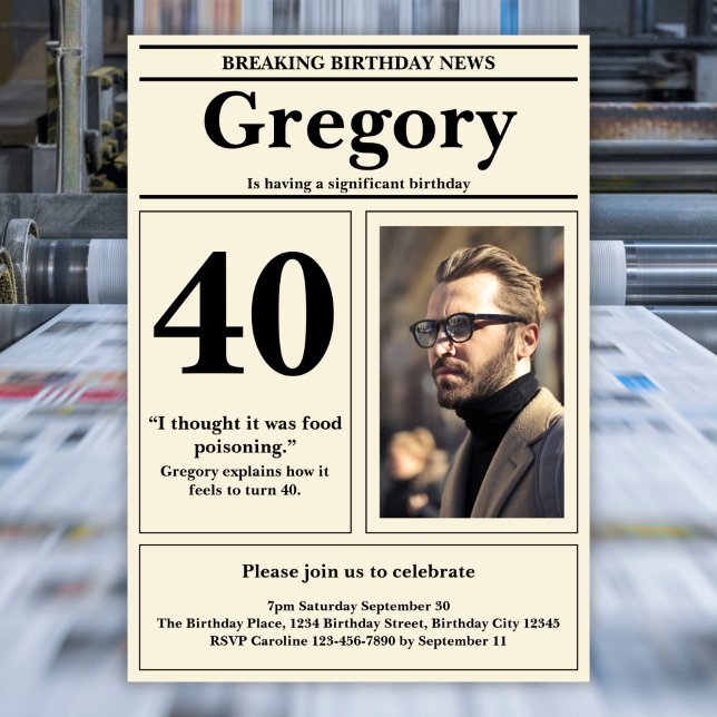 Custom Funny Zitat Retro Zeitung 40. Geburtstag Einladung (Von Creator hochgeladen)