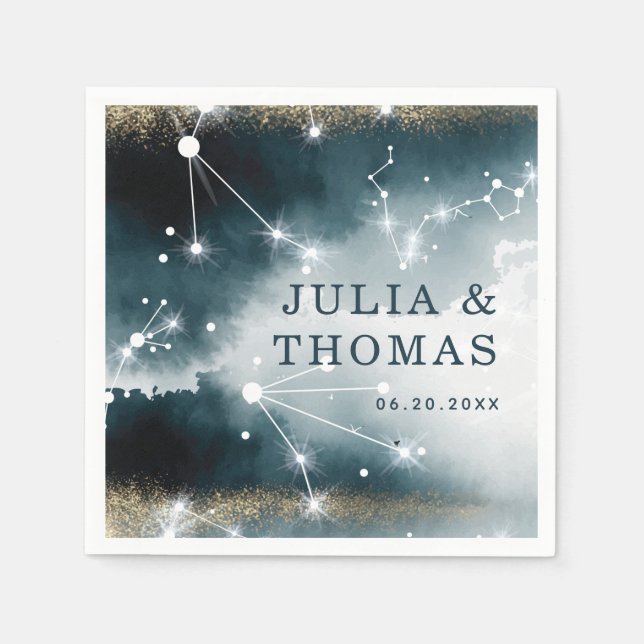 Custom Galaxy Blue Gold Stars Hochzeit Serviette (Vorderseite)