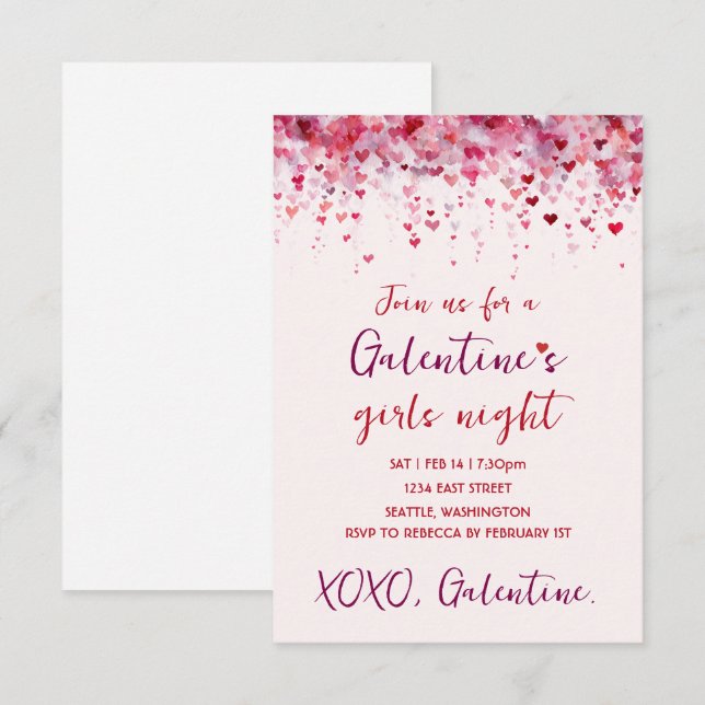 Custom Galentines Pink Hearts Party Invitation RSVP Karte (Vorne/Hinten)