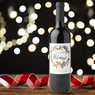 Custom Gelber Schwarzer Kranz Happy Holidays Weinetikett