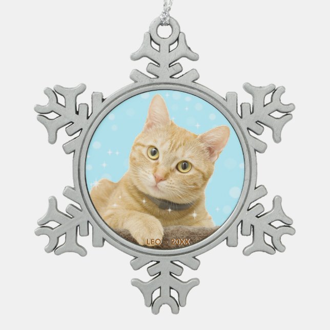 Custom Ginger Tabby Cat Foto Schneeflocken Zinn-Ornament (Vorderseite)