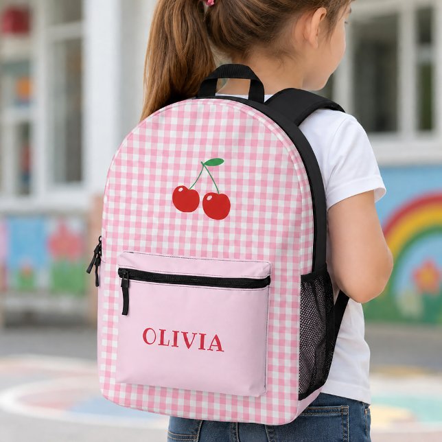 Custom Gingham Cherry Girls Bedruckter Rucksack (Pink Gingham Cheerful Cherry Girls Printed Backpack)