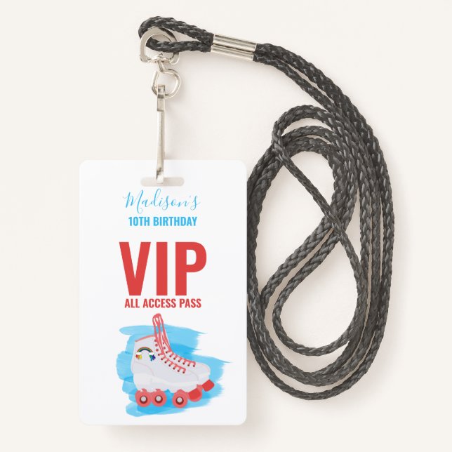 Custom Girl Birthday Party Roller Blading VIP Pass Ausweis (Vorderseite mit Schlüsselband)