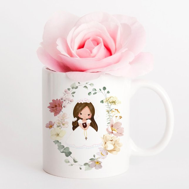 Custom Girl First Holy Communion Greenery Wreath Kaffeetasse (Von Creator hochgeladen)