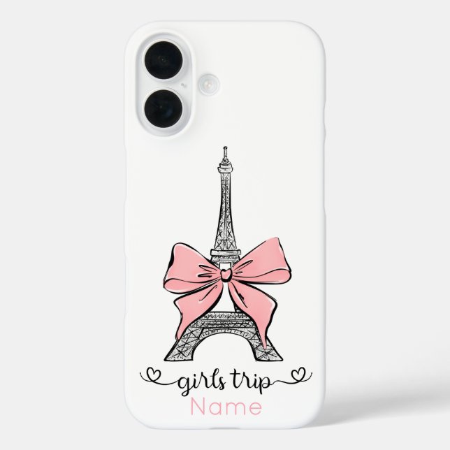 Custom Girl Trip Eiffelturm & Pink Bow iPhone 16 Hülle (Rückseite)