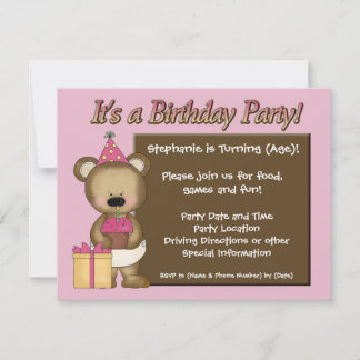 Custom Girl's Geburtstagsparty, Pink Bear Cupcake Einladung