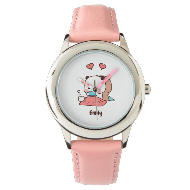Custom Girls Name Pink, Niedlich Panda Bär Armbanduhr (Vorderseite)