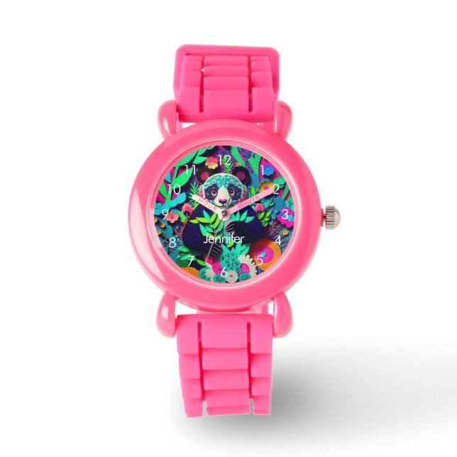 Custom Girls Rainbow Panda Name Armbanduhr (Vorderseite)