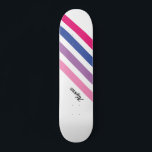 Custom Girly Pink Striping Skateboard<br><div class="desc">Dieses Skateboard ist mit fetten Streifen in Rosa,  lila,  Blau und Weiß mit schwarzer Typografie geschmückt. Passen Sie ihn an,  indem Sie den Namen ändern oder in ein Monogramm umwandeln.</div>