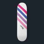 Custom Girly Pink Striping Skateboard<br><div class="desc">Dieses Skateboard ist mit fetten Streifen in Rosa, lila, Blau und Weiß mit schwarzer Typografie geschmückt. Passen Sie ihn an, indem Sie den Namen ändern oder in ein Monogramm umwandeln.</div>