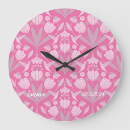 Custom girly rose pink Scandi hummingbirds floral Große Wanduhr