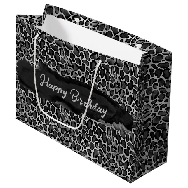 Custom Glam Leopard Print Birthday Große Geschenktüte (Vorderseite Schrägansicht)
