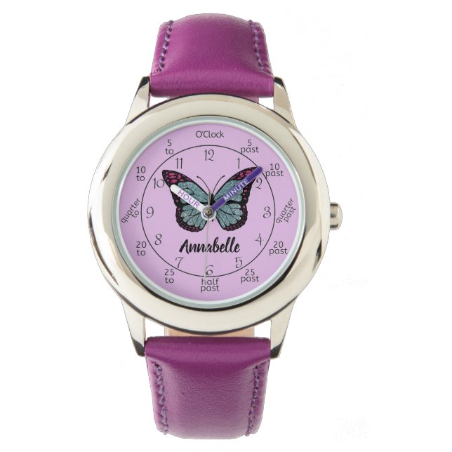 Custom Glitzer Butterfly Lila lernen, Zeit zu erzä Armbanduhr (Vorderseite)