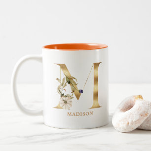 Custom Gold Alphabet M Monogramm Floral Pumpkin Zweifarbige Tasse