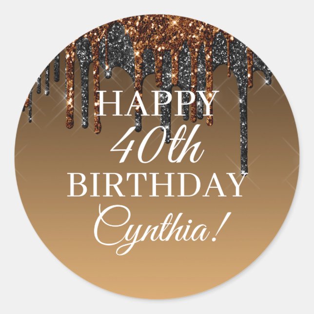 Custom Gold & Black Glitzer Tropfen Happy Birthday Runder Aufkleber (Vorderseite)