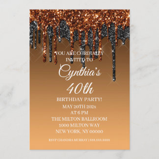 Custom Gold & Black Glitzer Tropfen zum Geburtstag Einladung