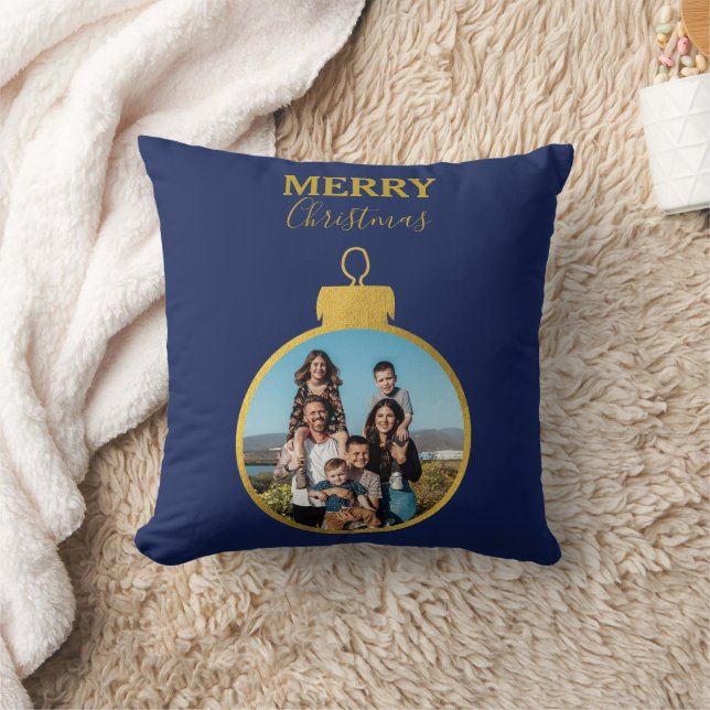 Custom Gold Blue 2 Foto Ornamente Weihnachten Kissen (Decke)