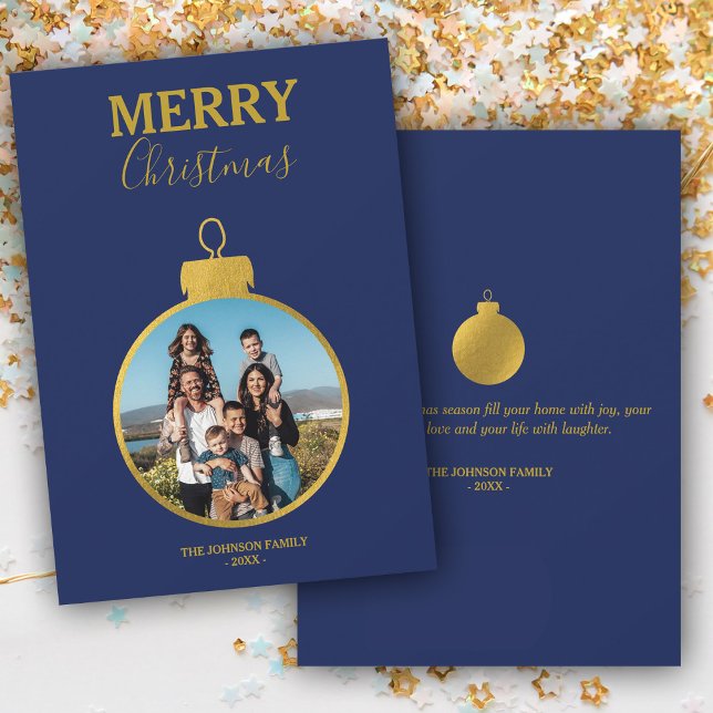 Custom Gold Blue Photo Ornaments Christmas Feiertagskarte (Custom Gold Blue Photo Ornaments Christmas Holiday Card)