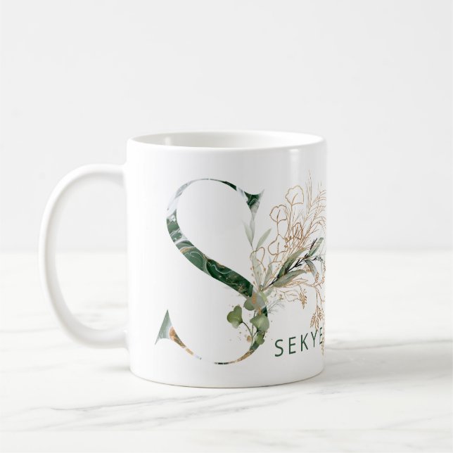 Custom Gold Botanical Eucalyptus Monogram "S" Kaffeetasse (Links)