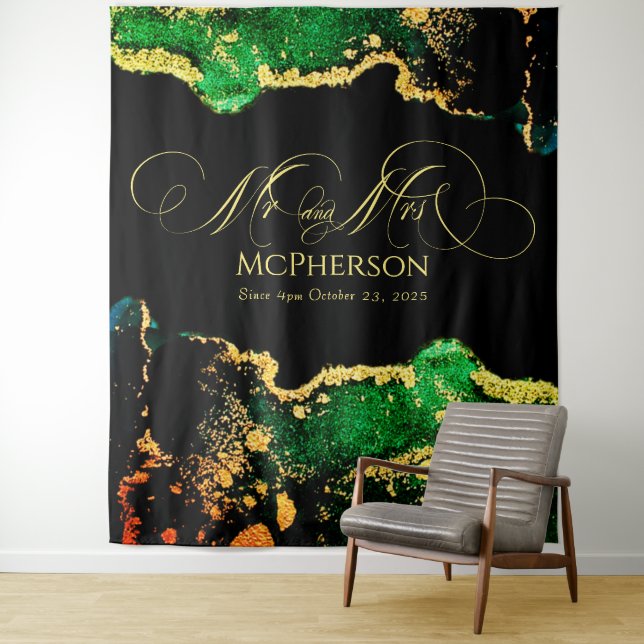 Custom Gold Calligraphy Green Black Wedding Foto Wandteppich (Beispiel)