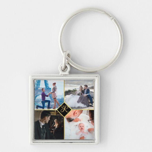 Custom Gold Chic, 4 Family Foto Collage Monogram Schlüsselanhänger (Vorne)