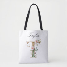 Custom Gold Floral Letter T All-Over Print Tote