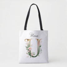 Custom Gold Floral Letter U All-Over Print Tote