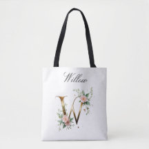 Custom Gold Floral Letter W All-Over Print Tote