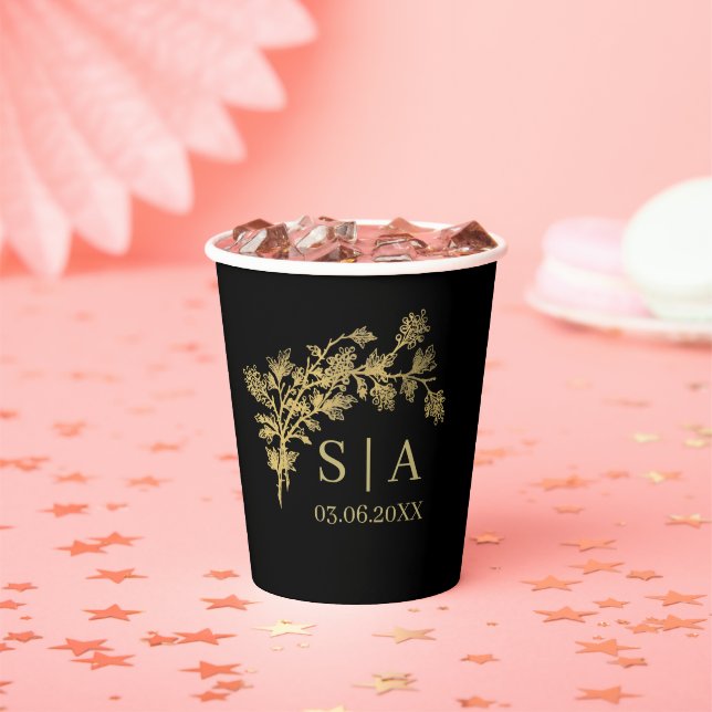 Custom Gold Foil Luxus Botanische Monogram Modern Pappbecher (Insitu)
