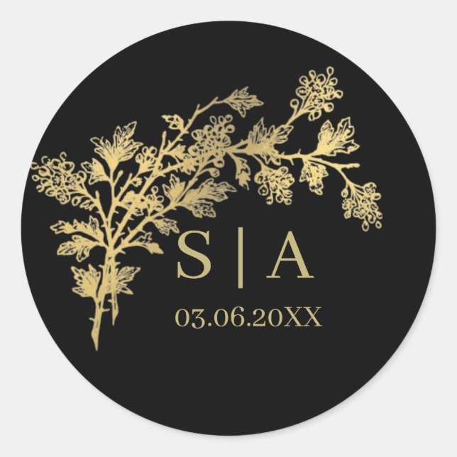 Custom Gold Foil Luxus Botanische Monogram Modern Runder Aufkleber (Vorderseite)