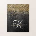 Custom Gold Glitzer Black Sparkgram Monogram<br><div class="desc">Dieses trendige,  elegante Puzzle-Design mit hübschem goldglänzenden Glitzer auf schwarz gebürstetem metallischem Hintergrund ist einfach zu personalisieren.</div>