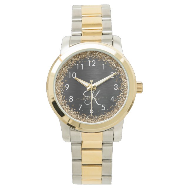 Custom Gold Glitzer Black Sparkgram Monogram Armbanduhr (Vorderseite)