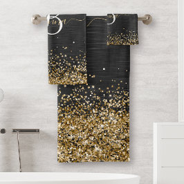 Custom Gold Glitzer Black Sparkgram Monogram Badhandtuch Set