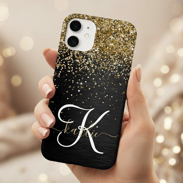 Custom Gold Glitzer Black Sparkgram Monogram Case-Mate iPhone 14 Hülle (Von Creator hochgeladen)