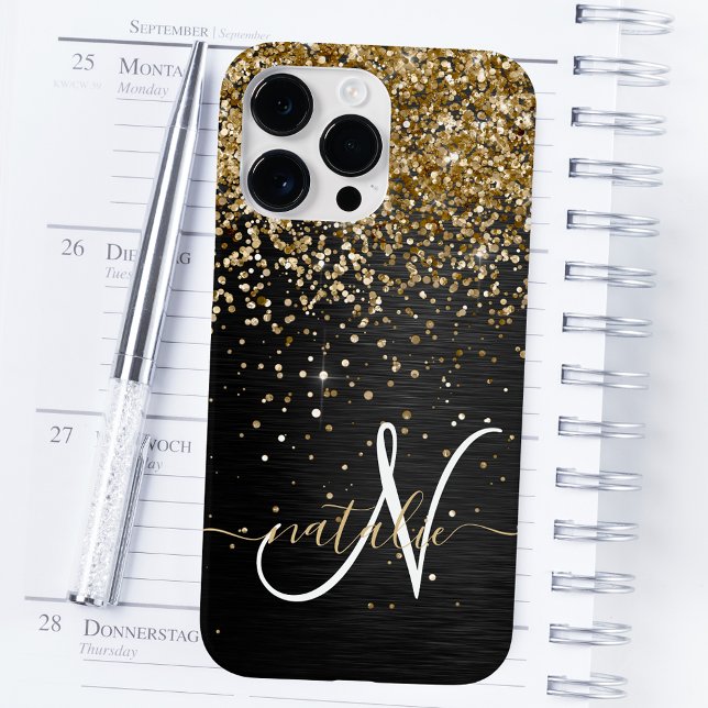 Custom Gold Glitzer Black Sparkgram Monogram Case-Mate iPhone 14 Pro Max Hülle (Von Creator hochgeladen)