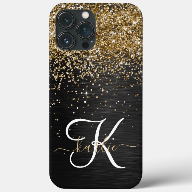 Custom Gold Glitzer Black Sparkgram Monogram Case-Mate iPhone Hülle (Rückseite)