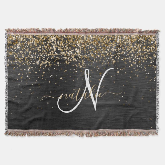 Custom Gold Glitzer Black Sparkgram Monogram Decke (Vorderseite)