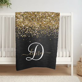 Custom Gold Glitzer Black Sparkgram Monogram Fleecedecke