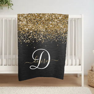 Custom Gold Glitzer Black Sparkgram Monogram Fleecedecke