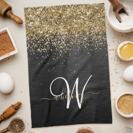 Custom Gold Glitzer Black Sparkgram Monogram Geschirrtuch