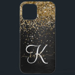 Custom Gold Glitzer Black Sparkgram Monogram iPhone 12 Pro Max Hülle<br><div class="desc">Dieses elegante und elegante Handy-Gehäuse mit hübschem vergoldeten Glitzer auf schwarz gebürstetem metallischem Hintergrund ist einfach zu personalisieren.</div>