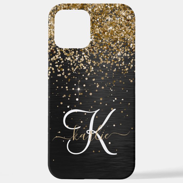 Custom Gold Glitzer Black Sparkgram Monogram iPhone 12 Pro Max Hülle (Rückseite)