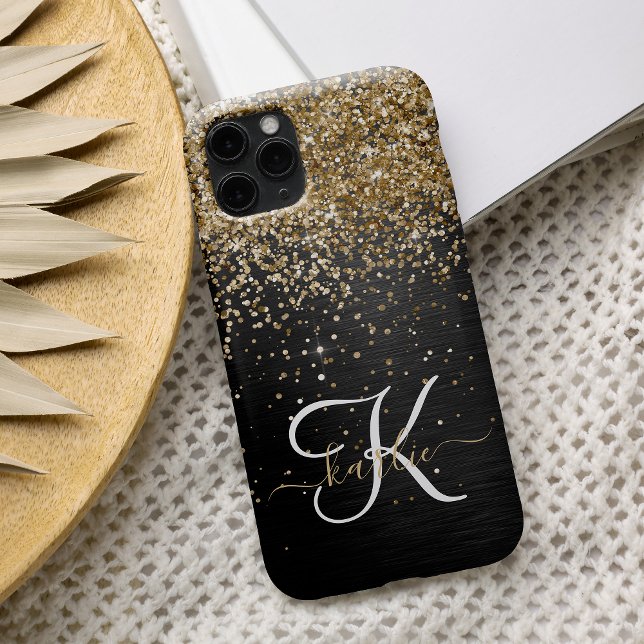 Custom Gold Glitzer Black Sparkgram Monogram iPhone 14 Pro Max Hülle (Von Creator hochgeladen)