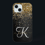 Custom Gold Glitzer Black Sparkgram Monogram iPhone 15 Hülle<br><div class="desc">Dieses elegante und elegante Handy-Gehäuse mit hübschem vergoldeten Glitzer auf schwarz gebürstetem metallischem Hintergrund ist einfach zu personalisieren.</div>
